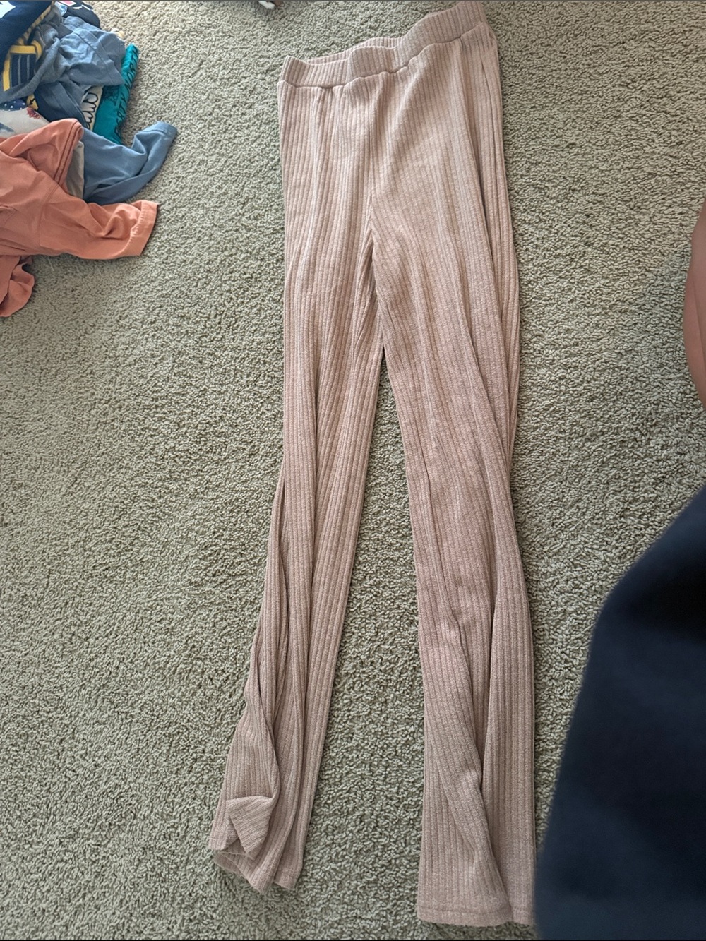 SHEIN Beige Ribbed Wide-Leg Knit Pants